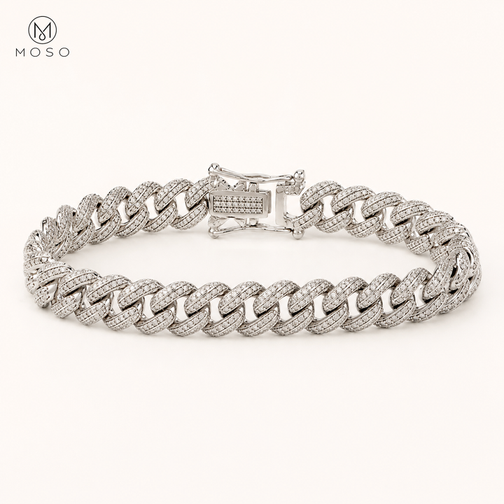 Victoria silver tone moissanite Cuban bracelet on ivory background