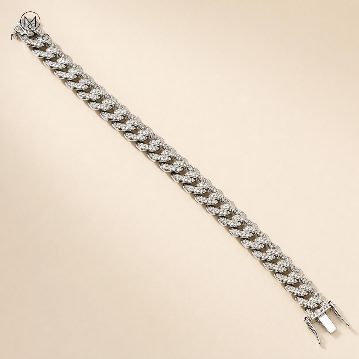 Victoria silver tone two row moissanite Cuban link bracelet full length