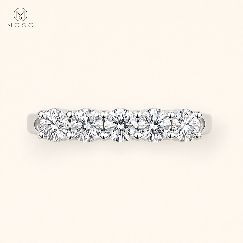 Zoe five stone round moissanite ring top view