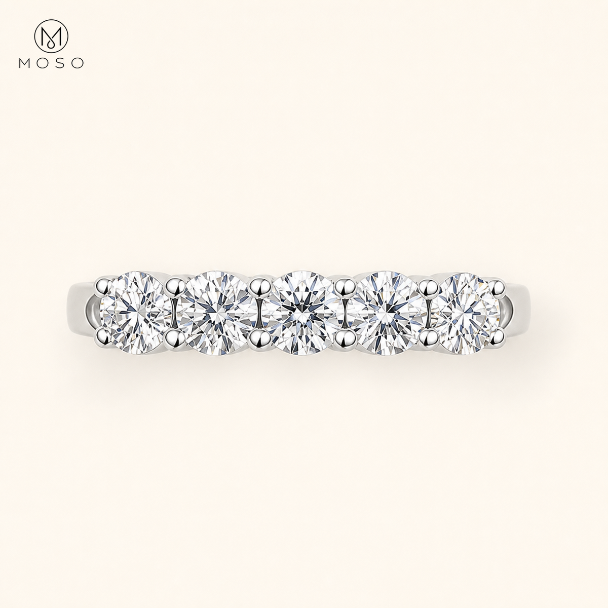 Zoe five stone round moissanite ring top view