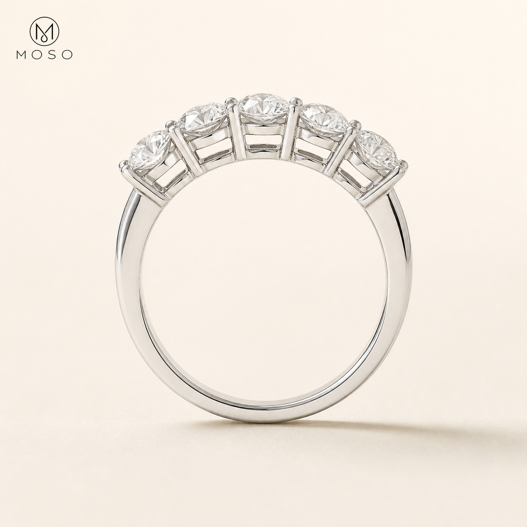 Zoe five stone moissanite band shared prong side profile