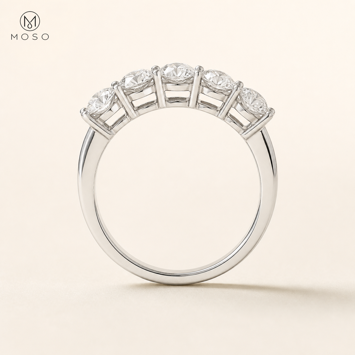 Zoe five stone moissanite band shared prong side profile