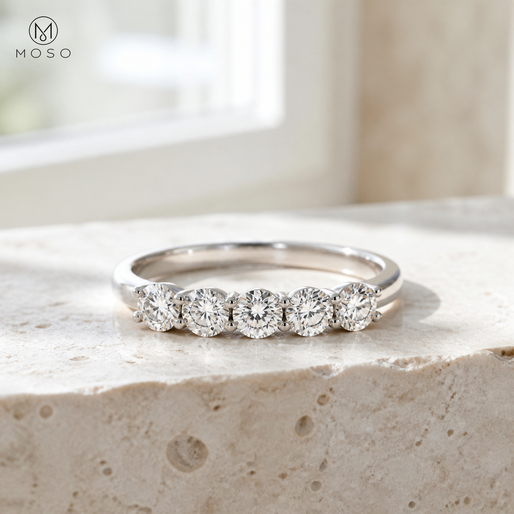 Zoe five stone moissanite ring in natural daylight